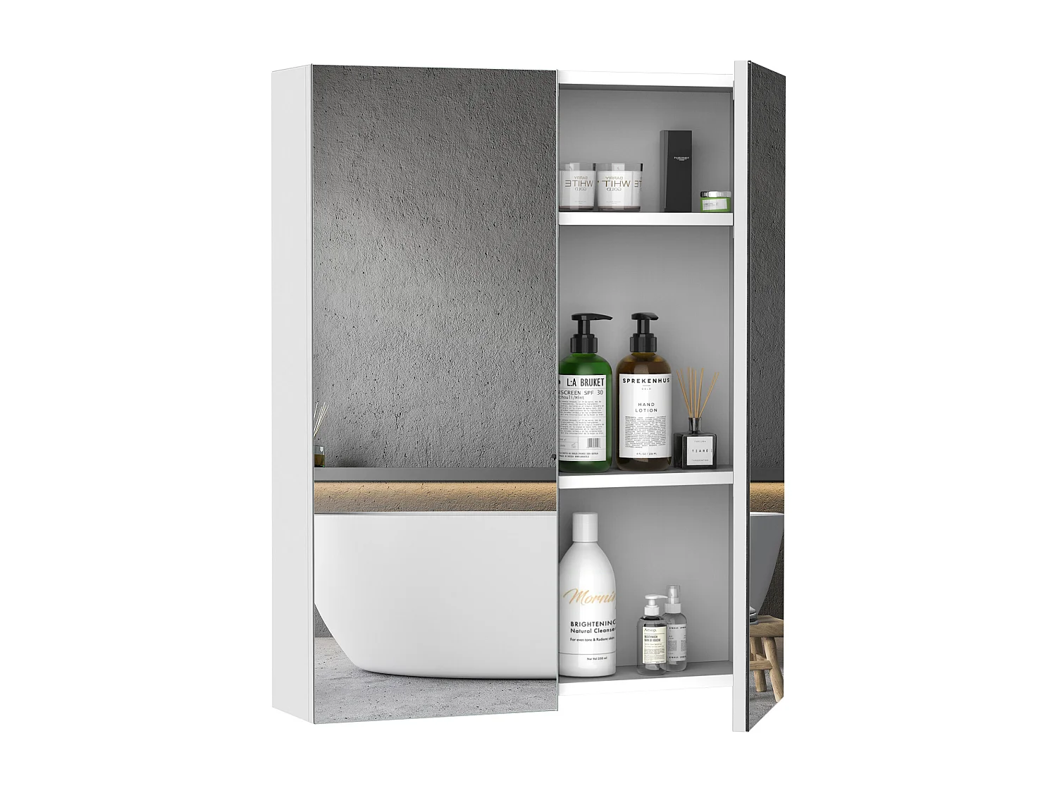 Armoire avec miroir en bois rangement salle de bain fermeture porte tampon MDF blanc