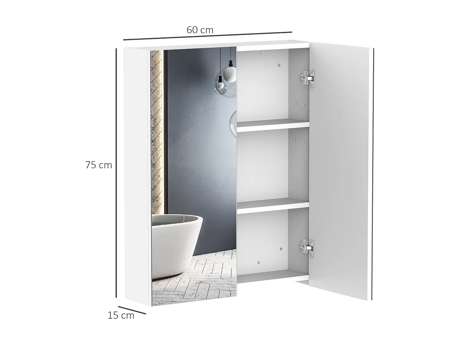 Armoire avec miroir en bois rangement salle de bain fermeture porte tampon MDF blanc