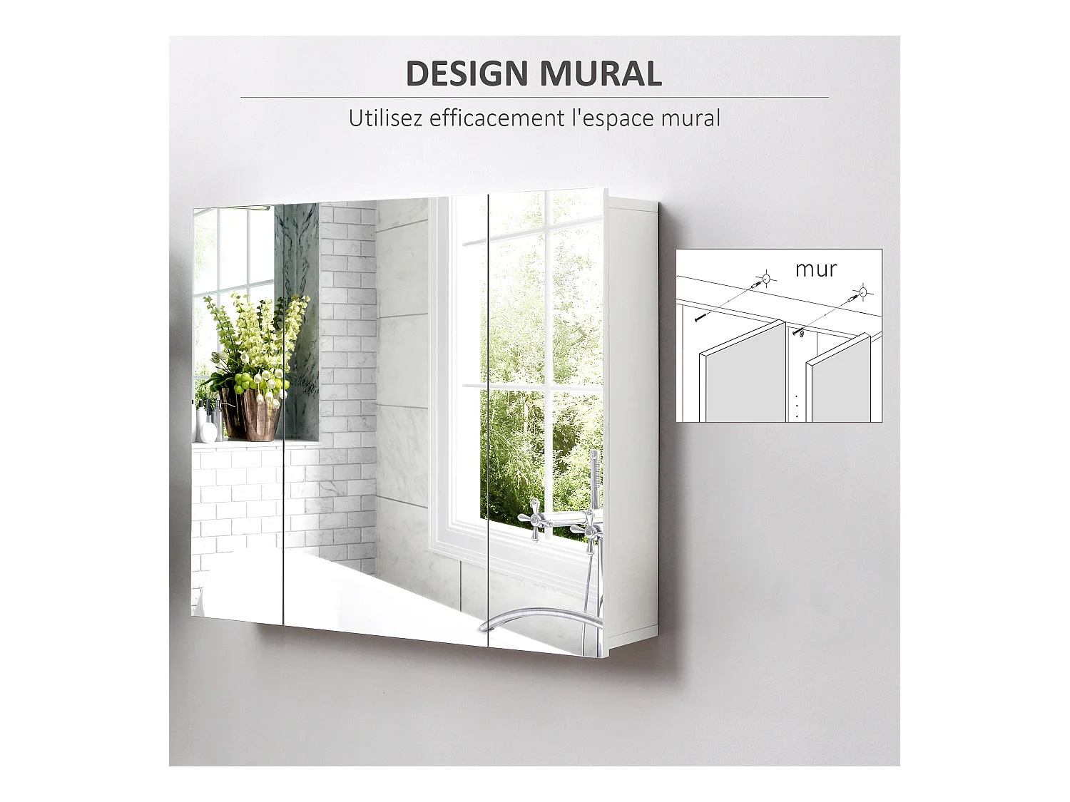 Armoire miroir de salle de bain armoire murale 3 portes 2 étagères dim. 70L x 15l x 60H cm MDF blanc