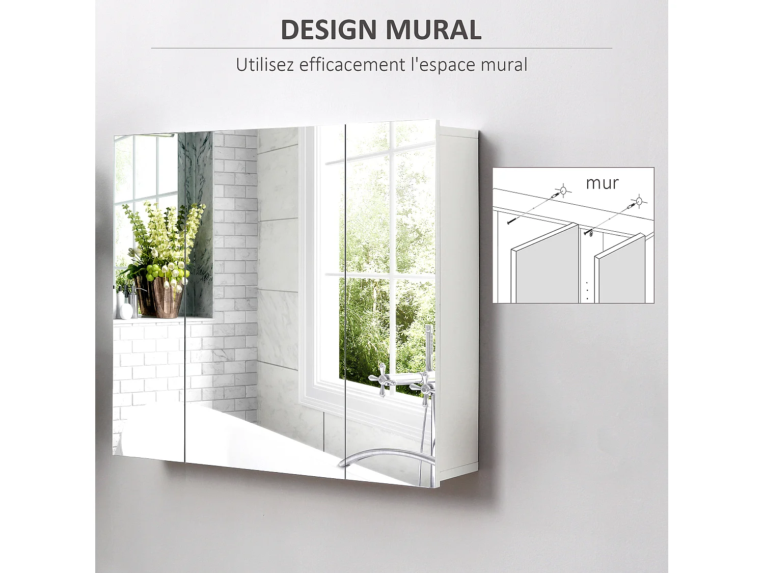 Armoire miroir de salle de bain armoire murale 3 portes 2 étagères dim. 70L x 15l x 60H cm MDF blanc