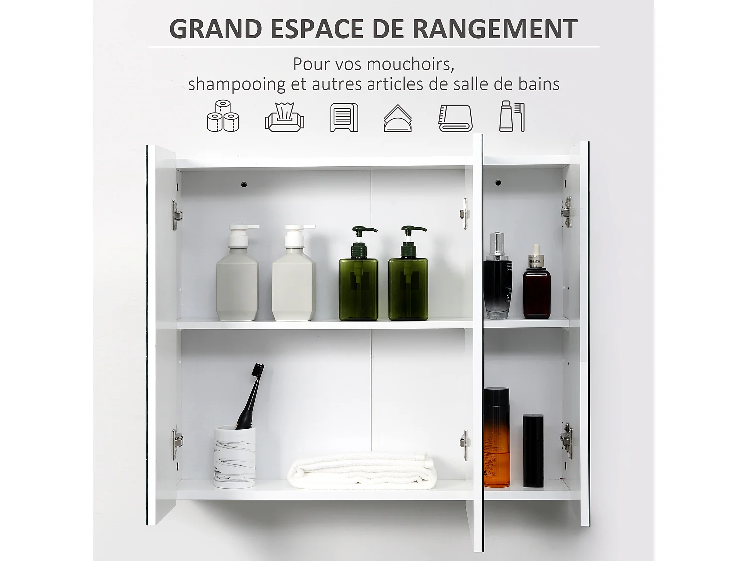 Armoire miroir de salle de bain armoire murale 3 portes 2 étagères dim. 70L x 15l x 60H cm MDF blanc