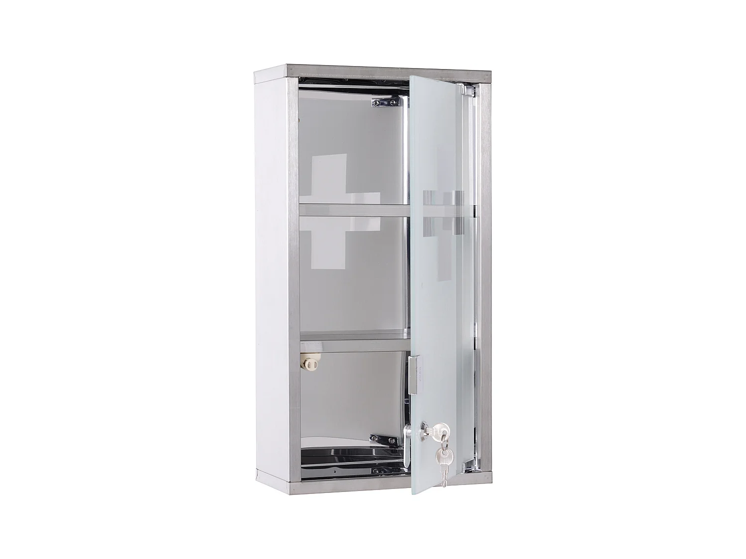 Armoire à pharmacie 2 étagères 3 niveaux verrouillable porte verre trempé dépoli logo croix 25L x 12l x 48H cm acier inox