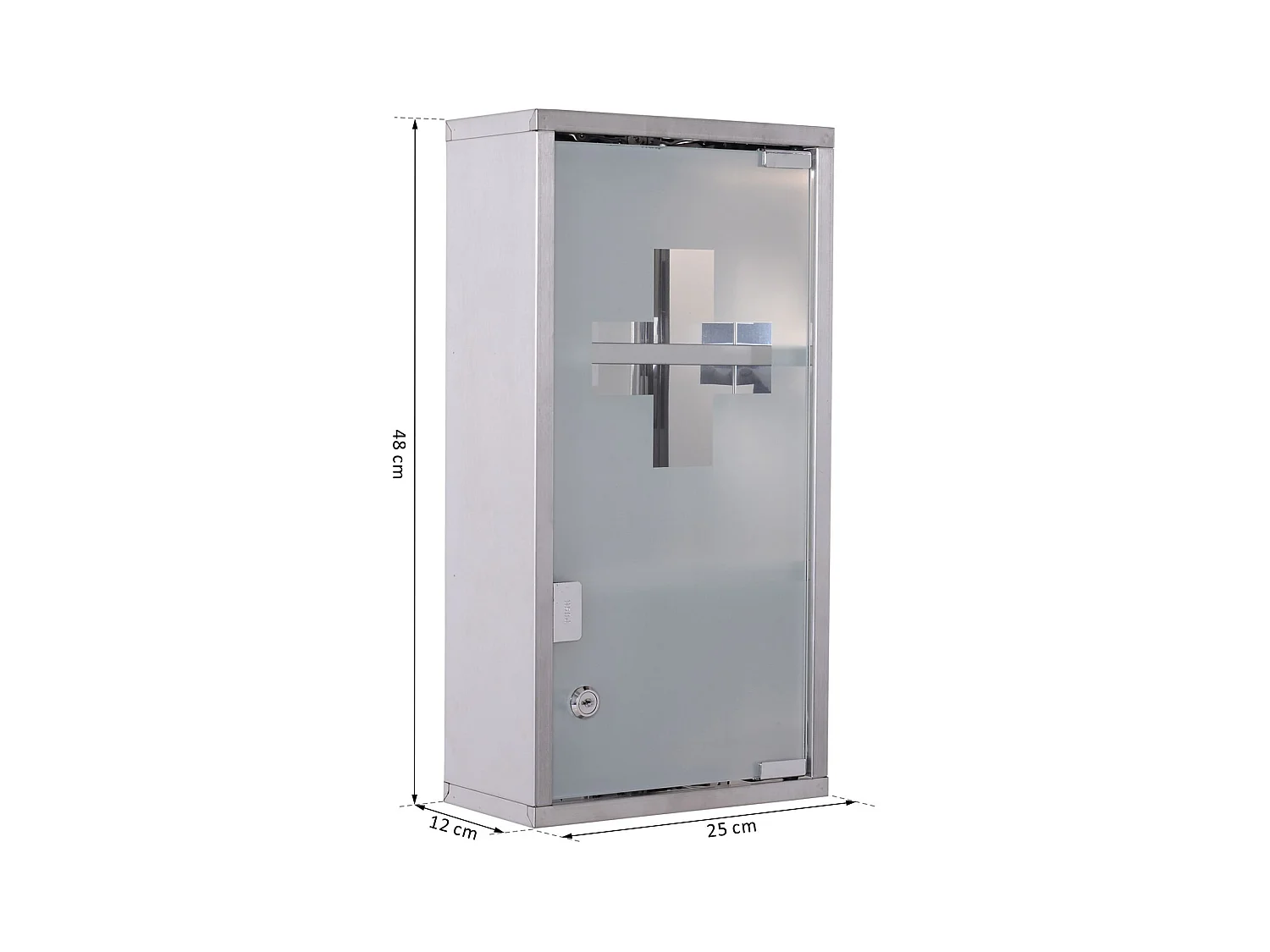 Armoire à pharmacie 2 étagères 3 niveaux verrouillable porte verre trempé dépoli logo croix 25L x 12l x 48H cm acier inox