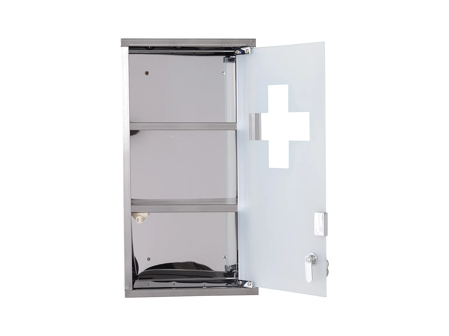 Armoire à pharmacie 2 étagères 3 niveaux verrouillable porte verre trempé dépoli logo croix 25L x 12l x 48H cm acier inox