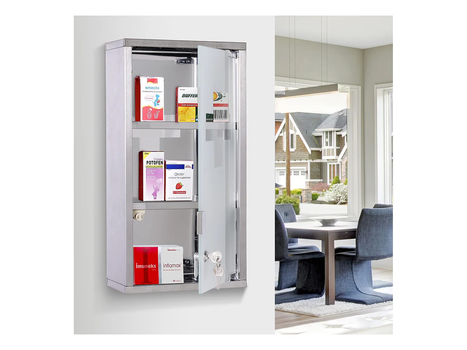 Armoire à pharmacie 2 étagères 3 niveaux verrouillable porte verre trempé dépoli logo croix 25L x 12l x 48H cm acier inox
