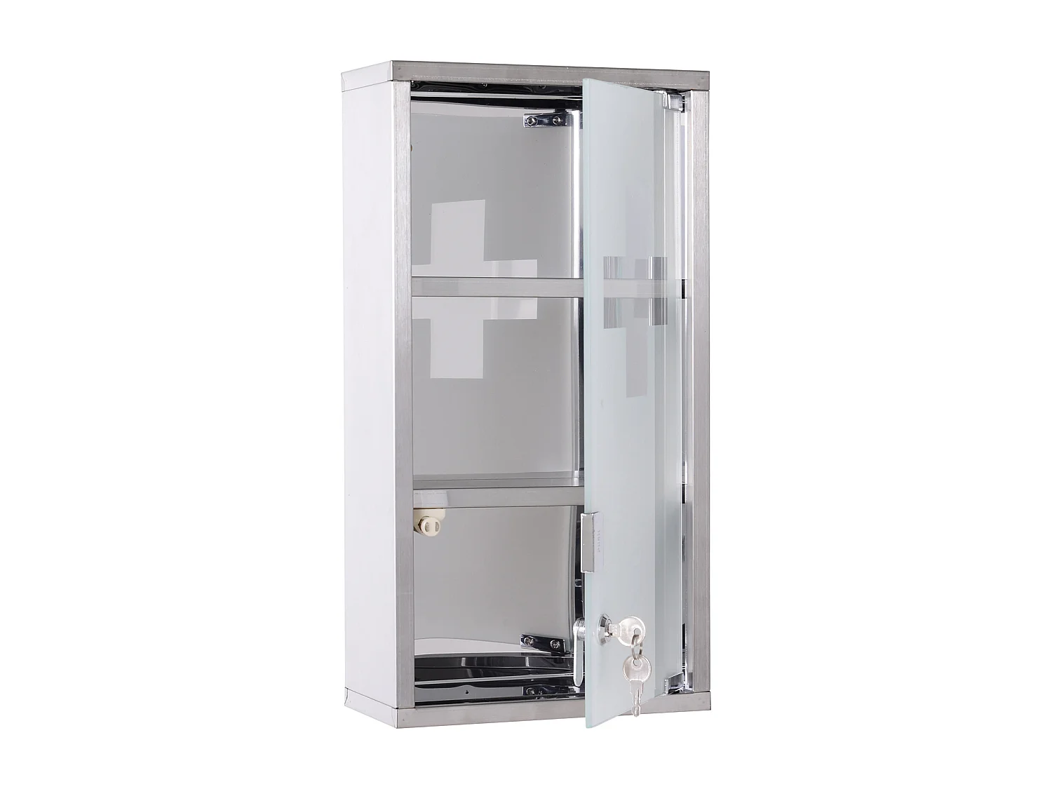 Armoire à pharmacie 2 étagères 3 niveaux verrouillable porte verre trempé dépoli logo croix 25L x 12l x 48H cm acier inox