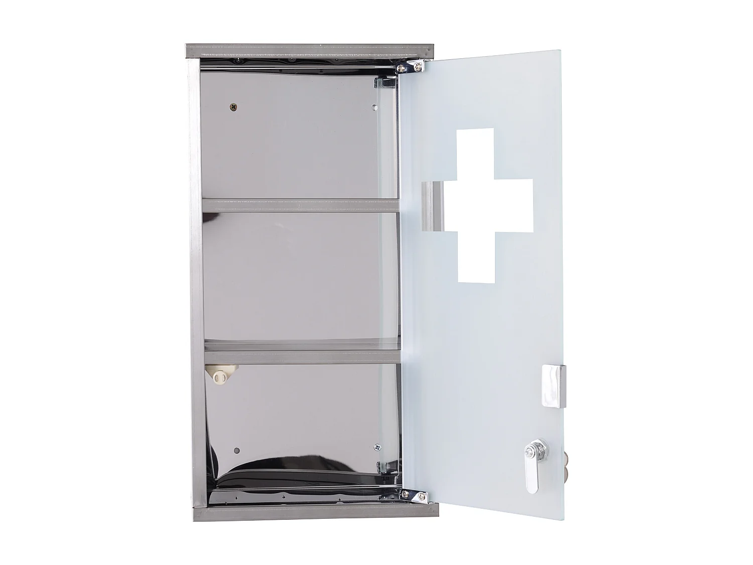 Armoire à pharmacie 2 étagères 3 niveaux verrouillable porte verre trempé dépoli logo croix 25L x 12l x 48H cm acier inox