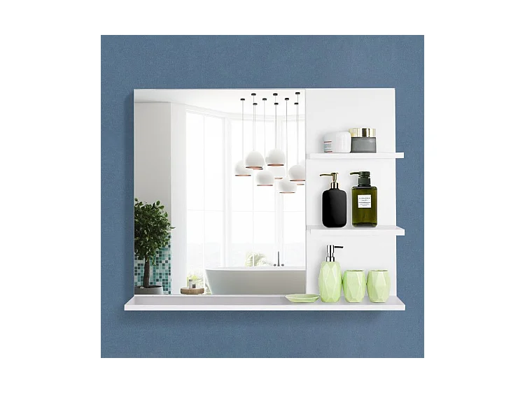 Miroir de salle de bain avec étagères - 2 étagères latérales + grande étagère inférieure - kit installation fourni - MDF blanc