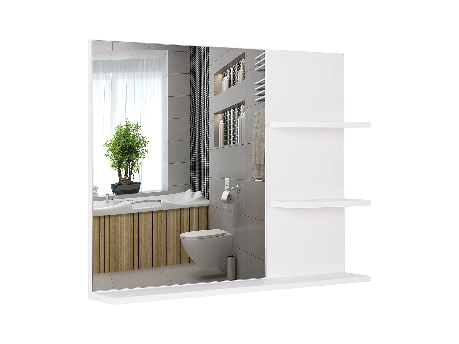 Miroir de salle de bain avec étagères - 2 étagères latérales + grande étagère inférieure - kit installation fourni - MDF blanc