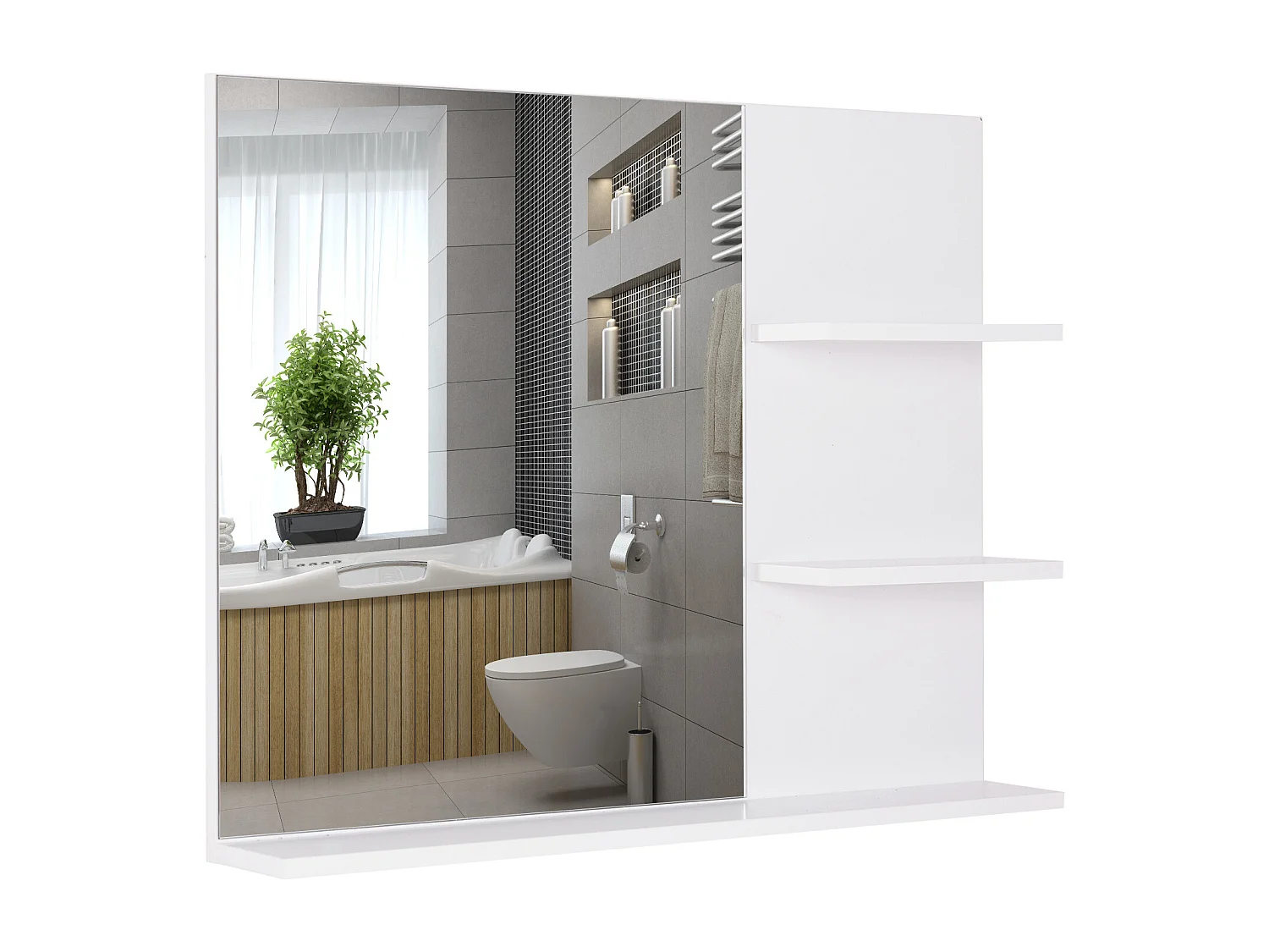 Miroir de salle de bain avec étagères - 2 étagères latérales + grande étagère inférieure - kit installation fourni - MDF blanc