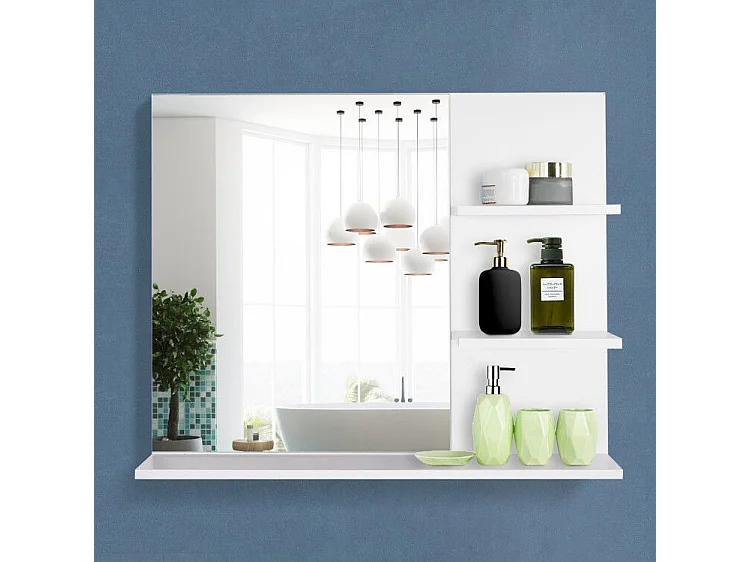 Miroir de salle de bain avec étagères - 2 étagères latérales + grande étagère inférieure - kit installation fourni - MDF blanc