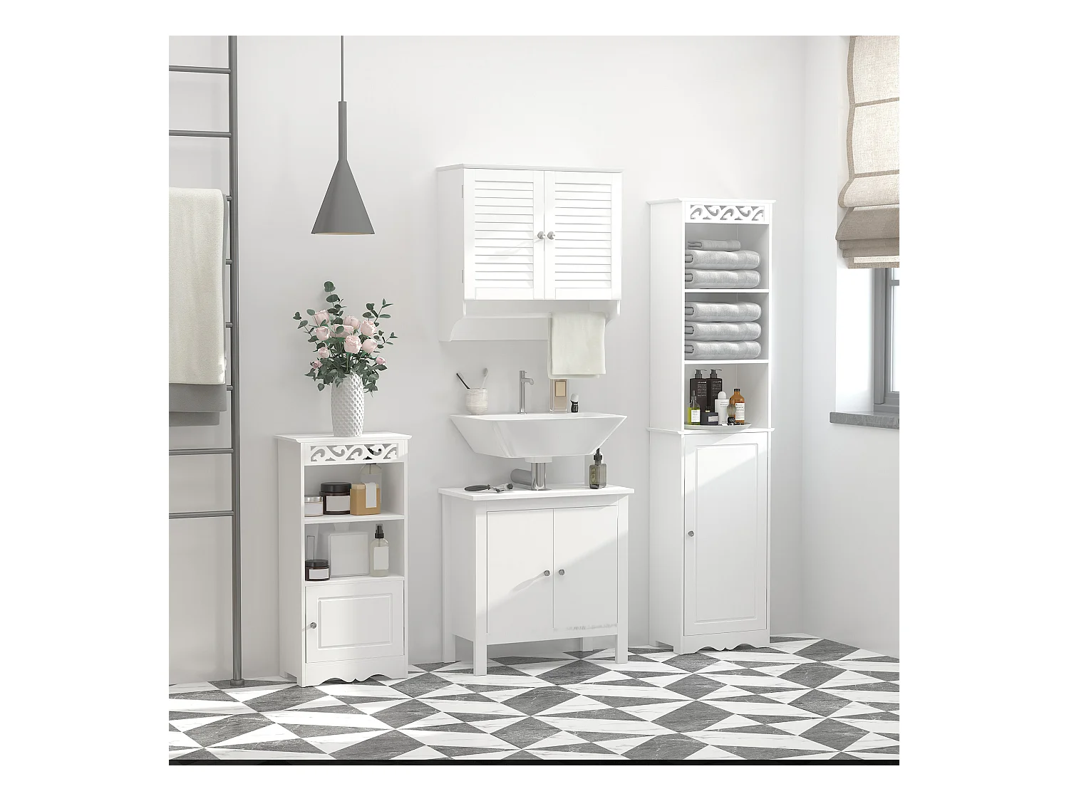Armoire haute murale salle de bain ou WC - placard 2 portes persiennes avec étagère - porte-serviette - MDF blanc