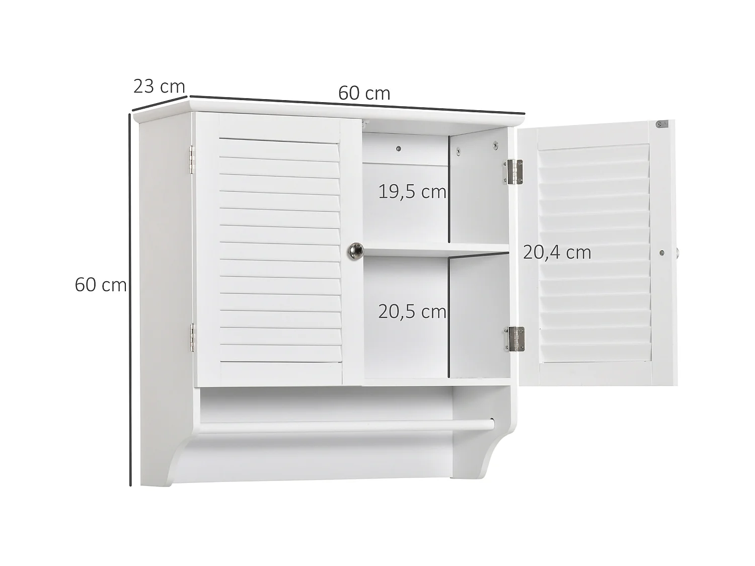 Armoire haute murale salle de bain ou WC - placard 2 portes persiennes avec étagère - porte-serviette - MDF blanc