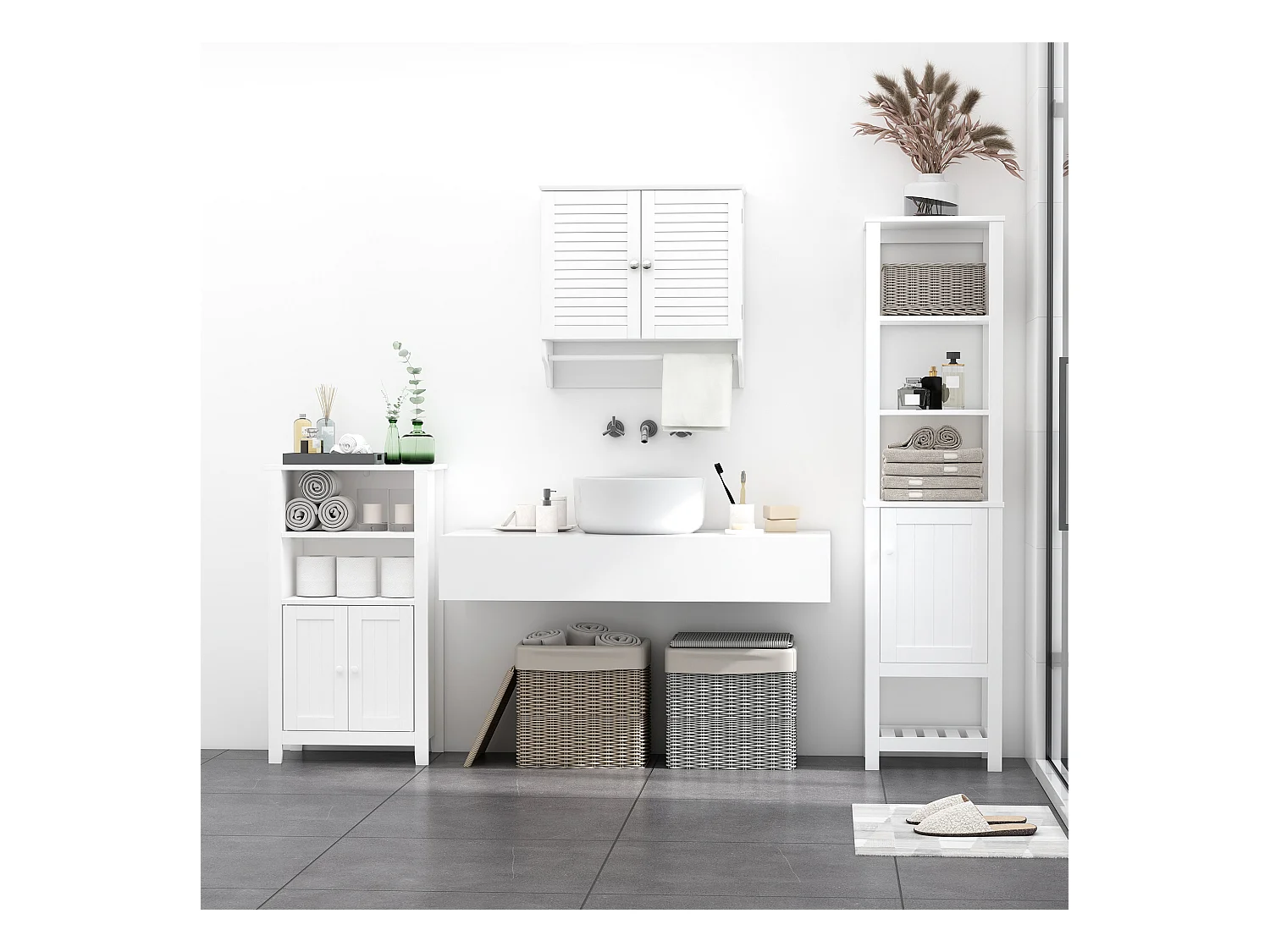 Armoire haute murale salle de bain ou WC - placard 2 portes persiennes avec étagère - porte-serviette - MDF blanc