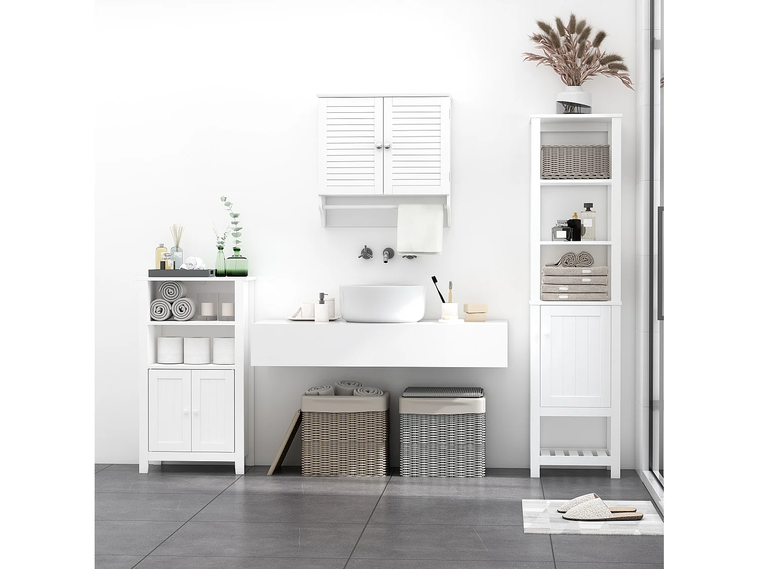 Armoire haute murale salle de bain ou WC - placard 2 portes persiennes avec étagère - porte-serviette - MDF blanc