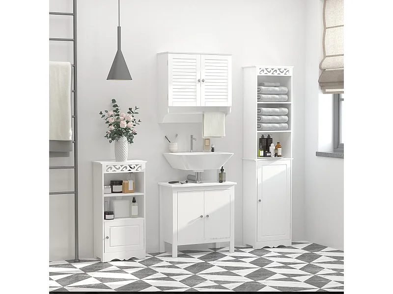 Armoire haute murale salle de bain ou WC - placard 2 portes persiennes avec étagère - porte-serviette - MDF blanc