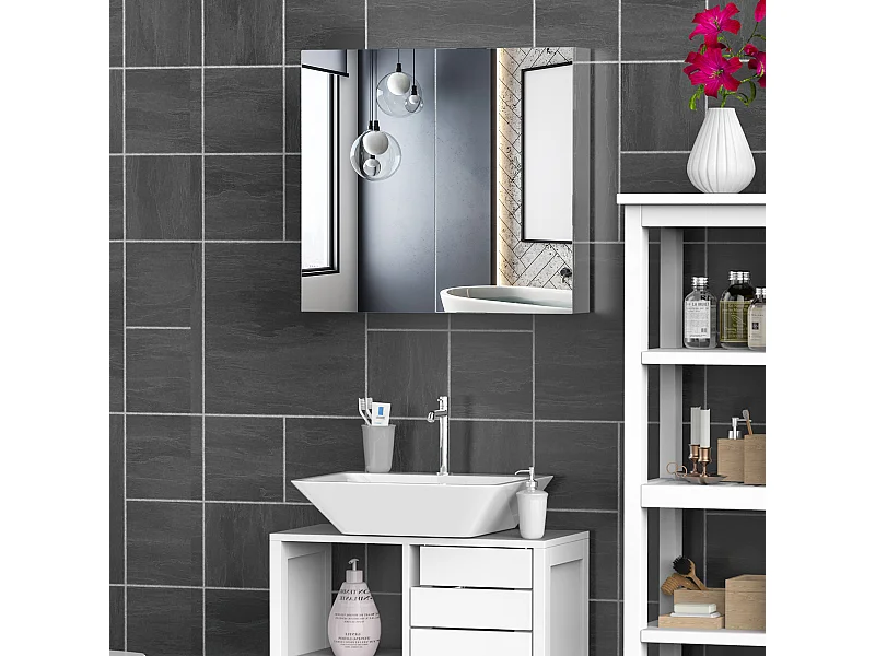 Armoire miroir rangement toilette salle de bain meuble mural dim. 60L x 12l x 55H cm acier inox.
