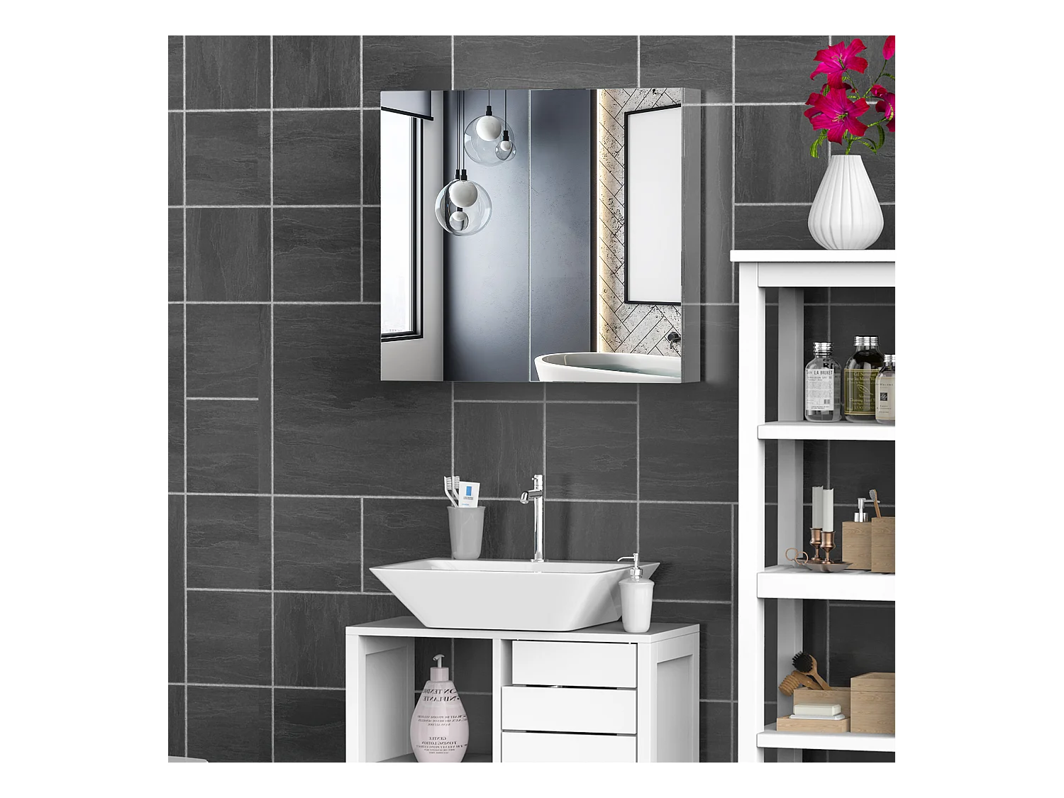 Armoire miroir rangement toilette salle de bain meuble mural dim. 60L x 12l x 55H cm acier inox.