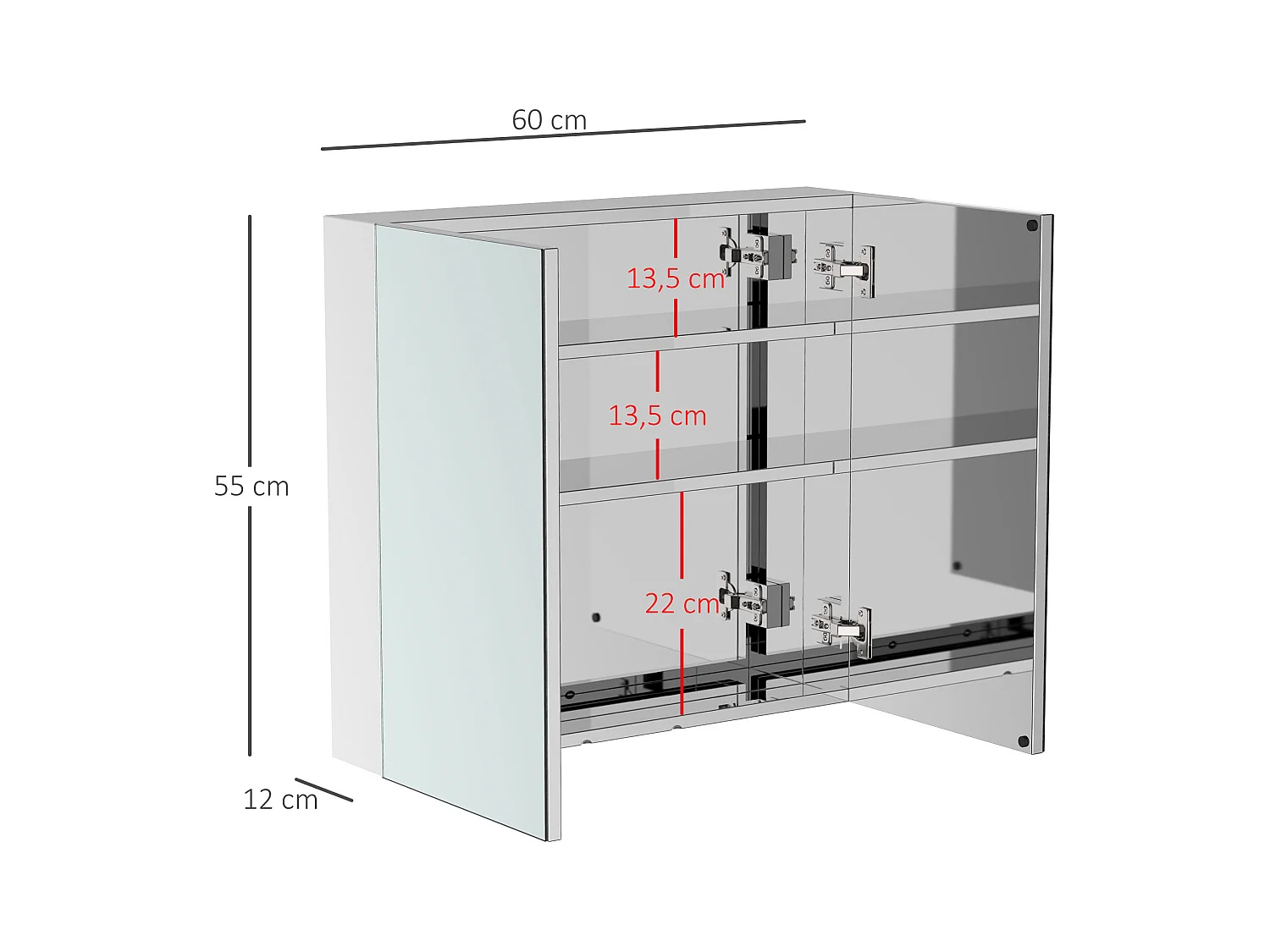 Armoire miroir rangement toilette salle de bain meuble mural dim. 60L x 12l x 55H cm acier inox.