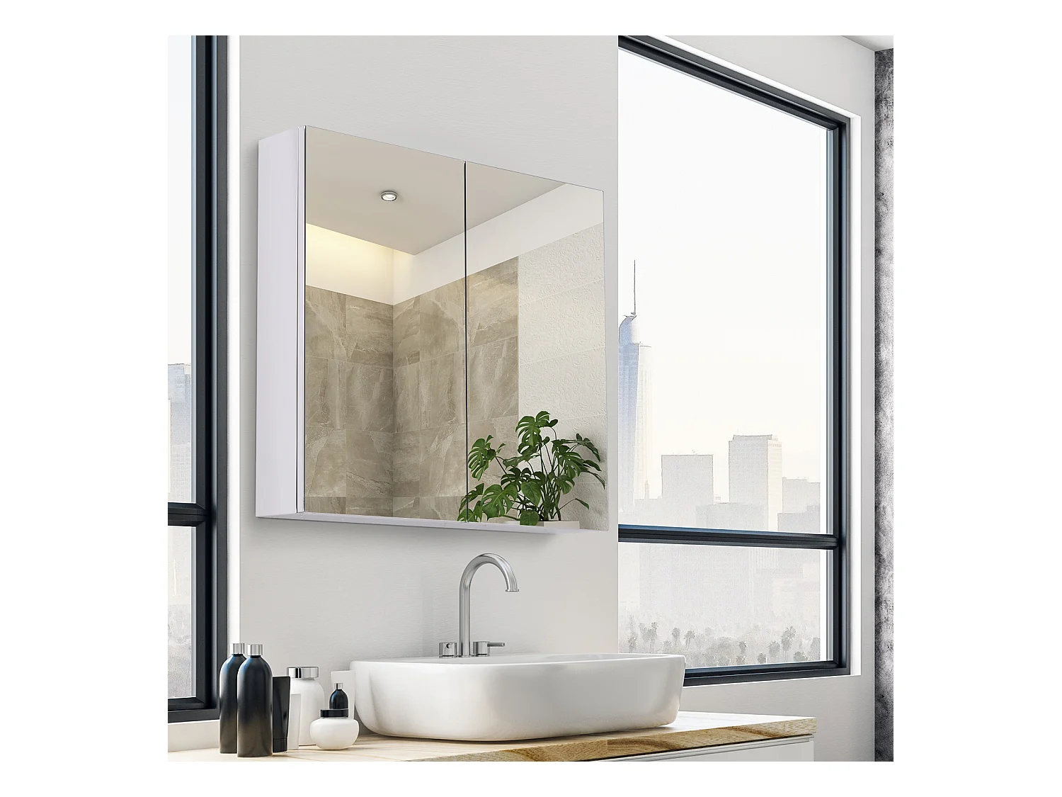 Armoire miroir rangement toilette salle de bain meuble mural dim. 60L x 12l x 55H cm acier inox.