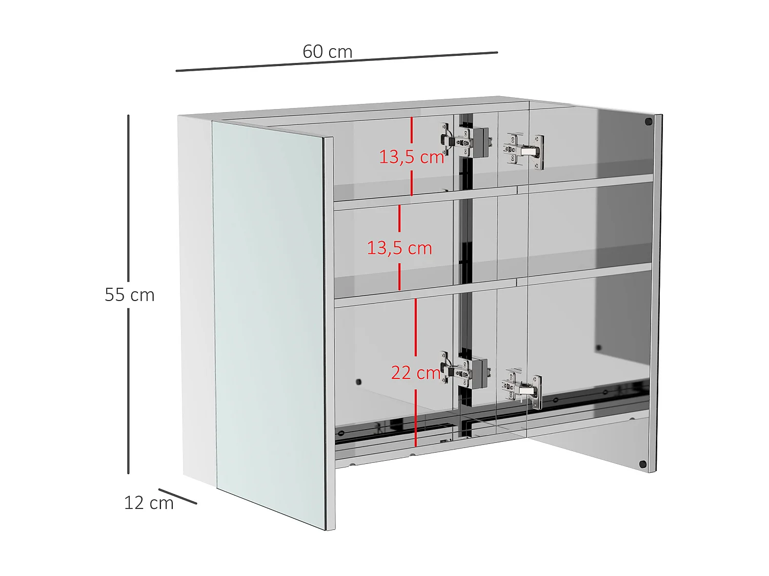 Armoire miroir rangement toilette salle de bain meuble mural dim. 60L x 12l x 55H cm acier inox.
