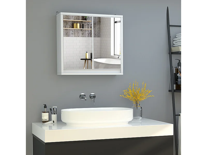 Armoire murale miroir salle de bain 2 étagères dim. 48L x 14l x 45H cm panneaux particules MDF blanc
