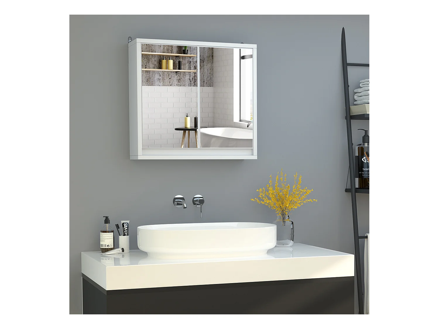 Armoire murale miroir salle de bain 2 étagères dim. 48L x 14l x 45H cm panneaux particules MDF blanc