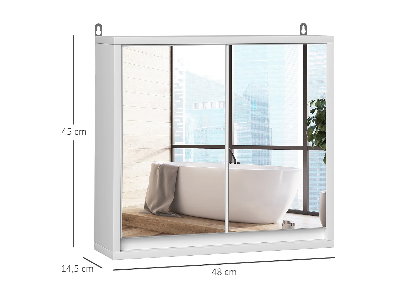 Armoire murale miroir salle de bain 2 étagères dim. 48L x 14l x 45H cm panneaux particules MDF blanc