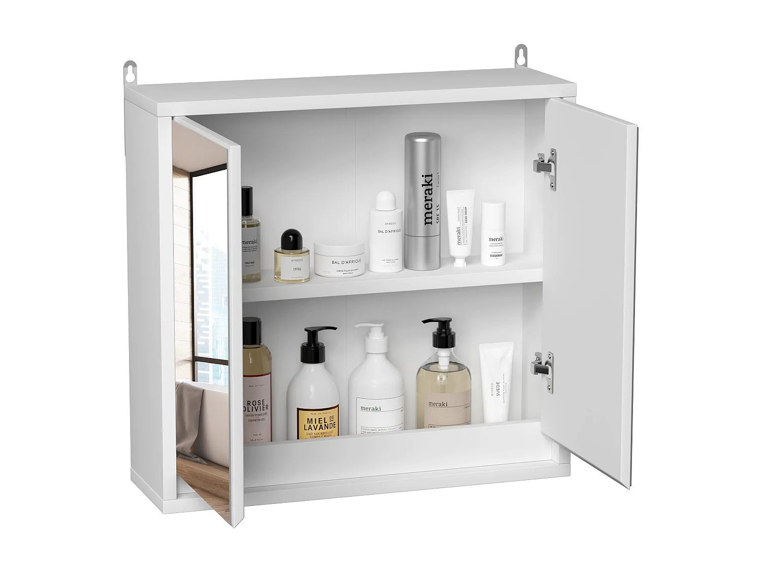 Armoire murale miroir salle de bain 2 étagères dim. 48L x 14l x 45H cm panneaux particules MDF blanc