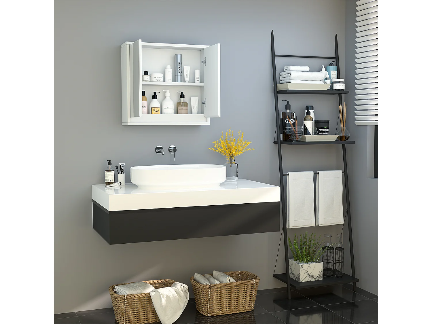 Armoire murale miroir salle de bain 2 étagères dim. 48L x 14l x 45H cm panneaux particules MDF blanc