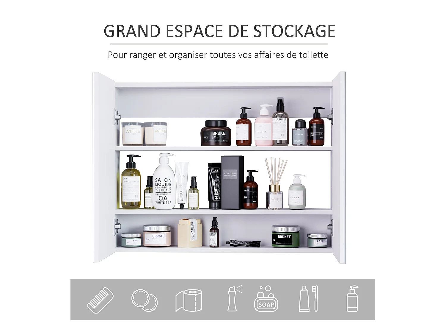 Armoire miroir de salle de bain armoire murale double portes et étagères dim. 80L x 15l x 60H cm MDF blanc