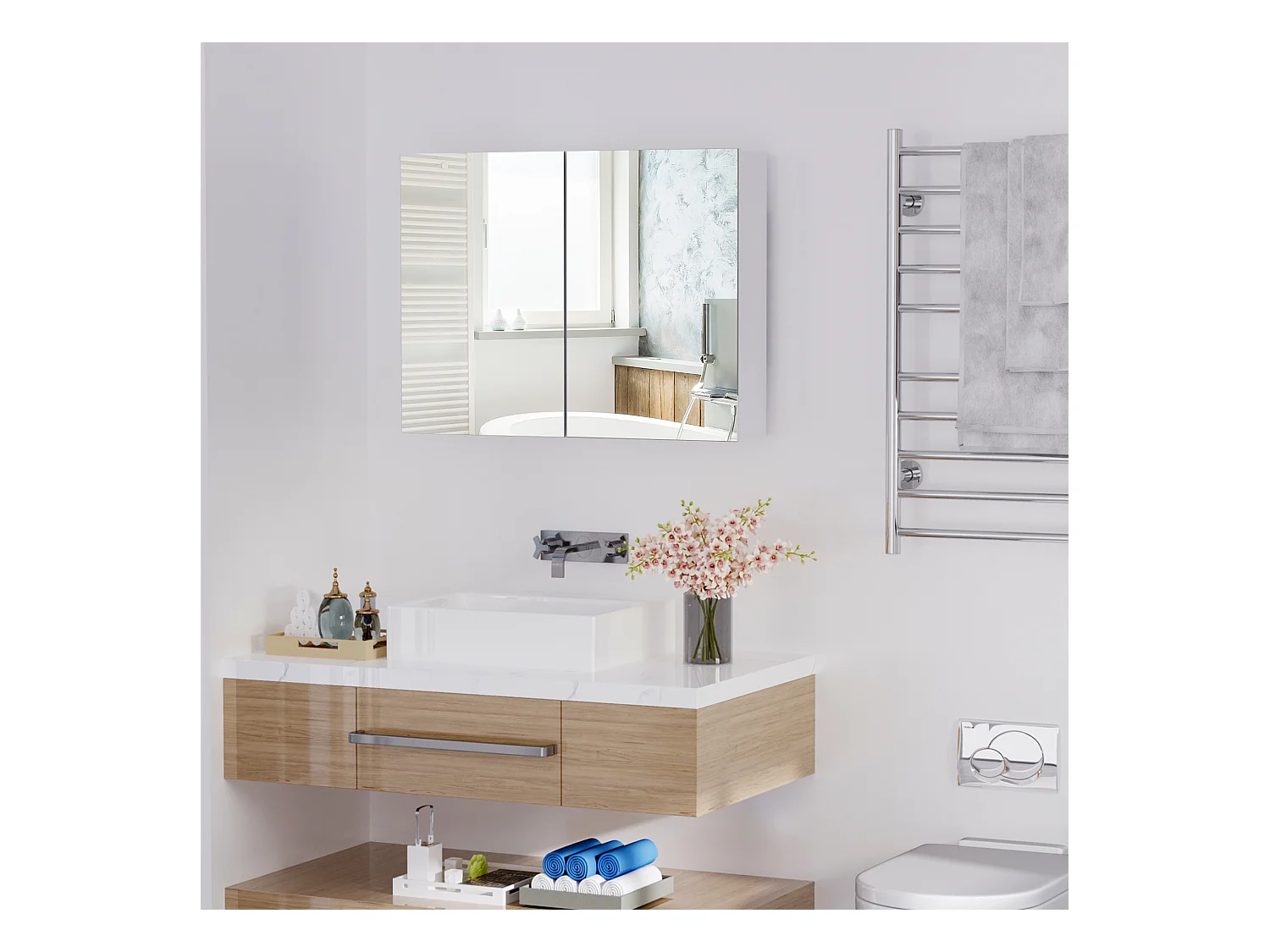Armoire miroir de salle de bain armoire murale double portes et étagères dim. 80L x 15l x 60H cm MDF blanc