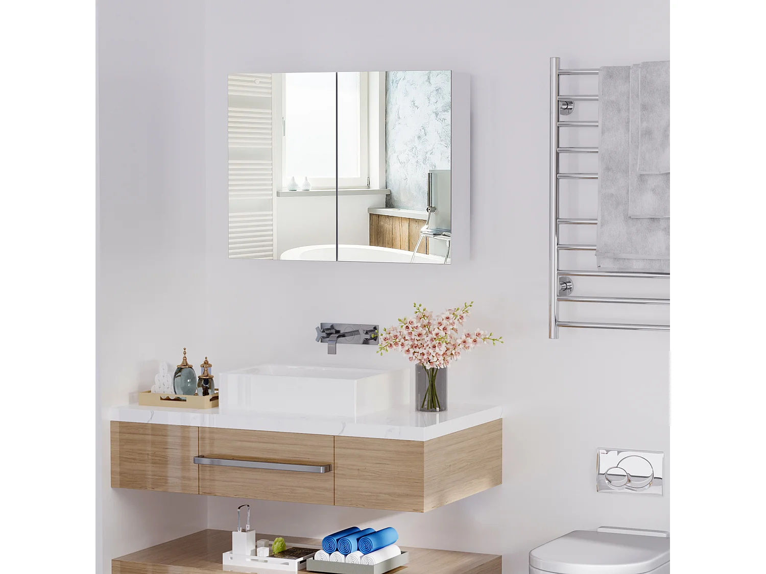 Armoire miroir de salle de bain armoire murale double portes et étagères dim. 80L x 15l x 60H cm MDF blanc
