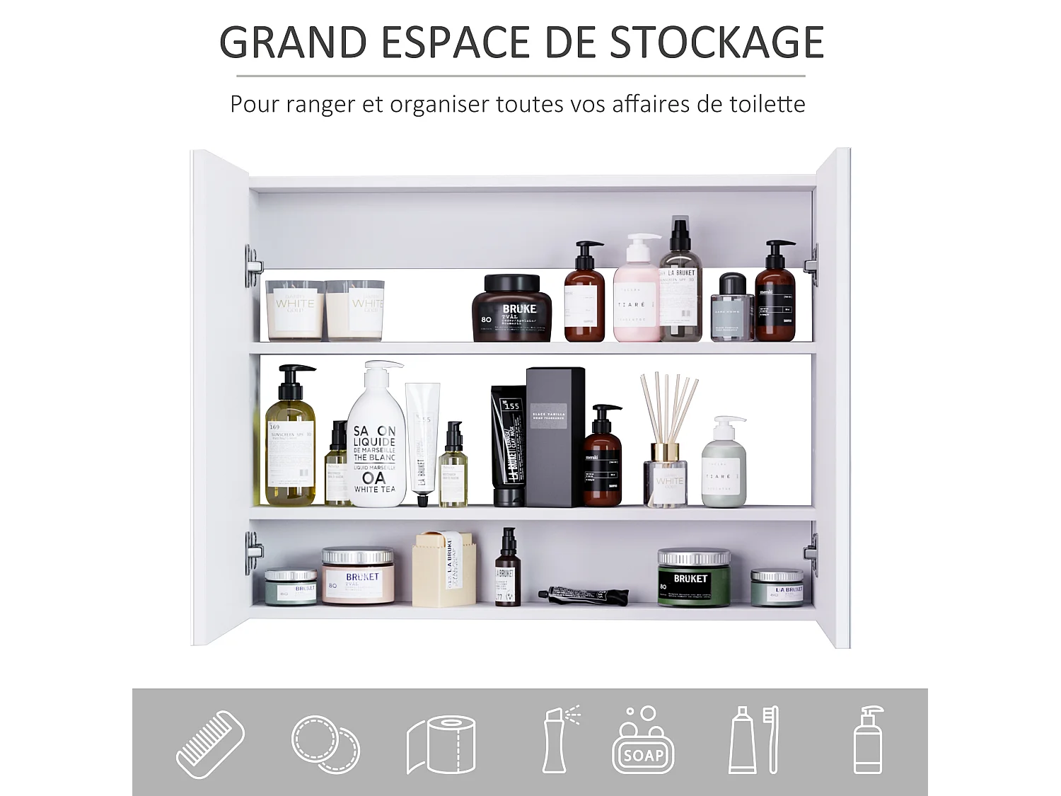 Armoire miroir de salle de bain armoire murale double portes et étagères dim. 80L x 15l x 60H cm MDF blanc