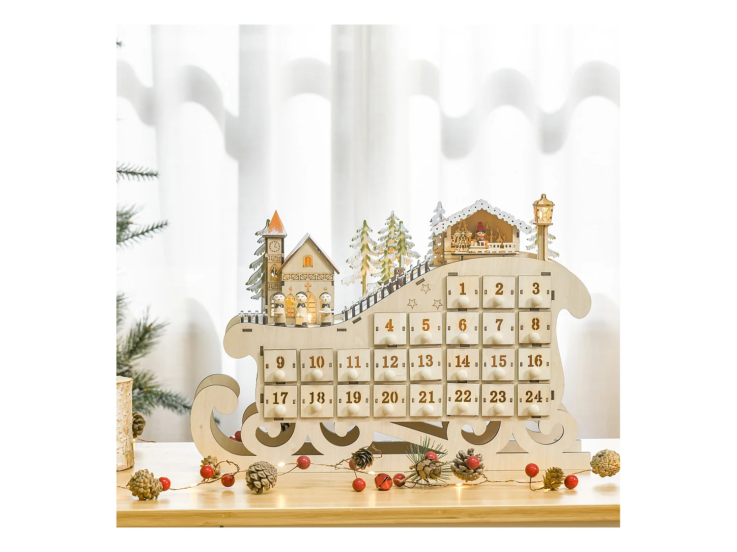 Calendrier de l'Avent LED traineau - 10 lumières blanc chaud - 24 tiroirs - décoration lumineuse de Noël - beige