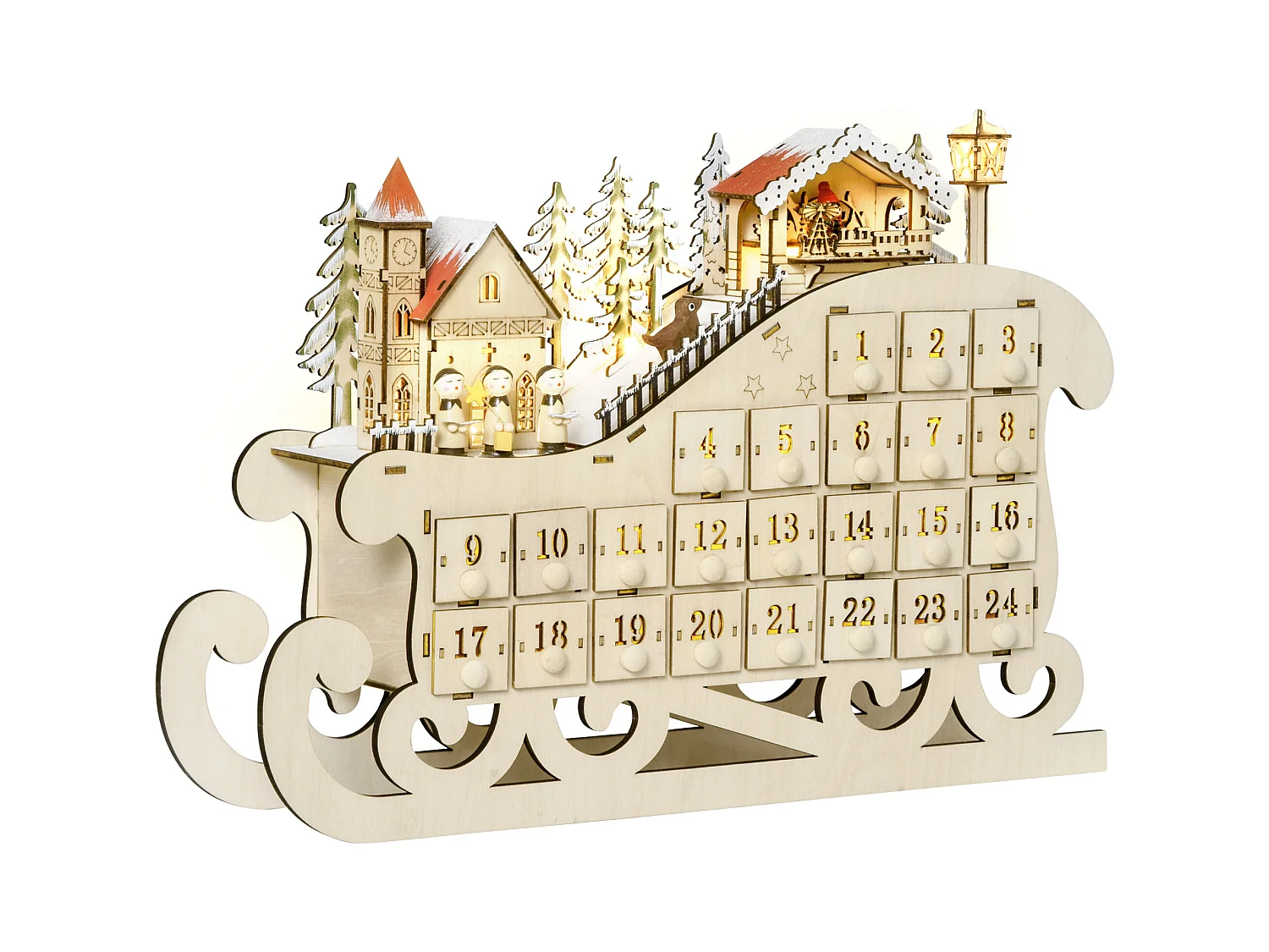 Calendrier de l'Avent LED traineau - 10 lumières blanc chaud - 24 tiroirs - décoration lumineuse de Noël - beige