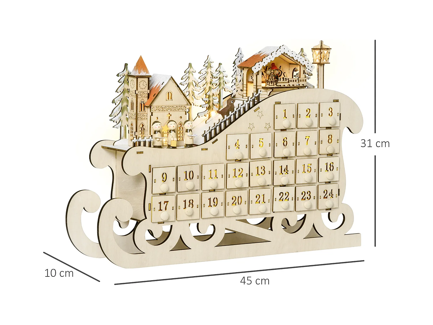 Calendrier de l'Avent LED traineau - 10 lumières blanc chaud - 24 tiroirs - décoration lumineuse de Noël - beige
