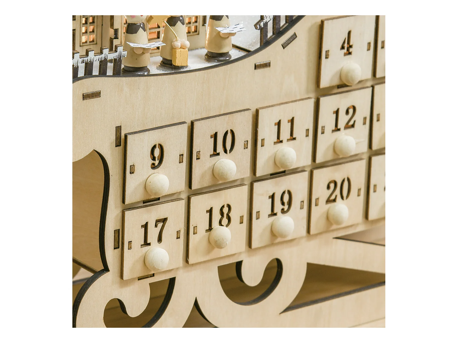 Calendrier de l'Avent LED traineau - 10 lumières blanc chaud - 24 tiroirs - décoration lumineuse de Noël - beige