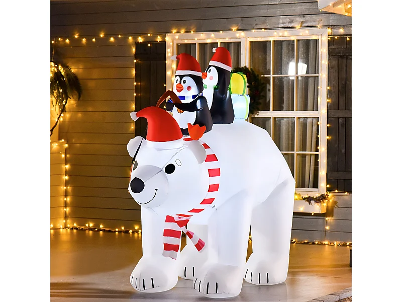 Ours polaire gonflable de Noël décoration gonflable LED de Noël 2,06H m lumières LED 2 pingouins blanc