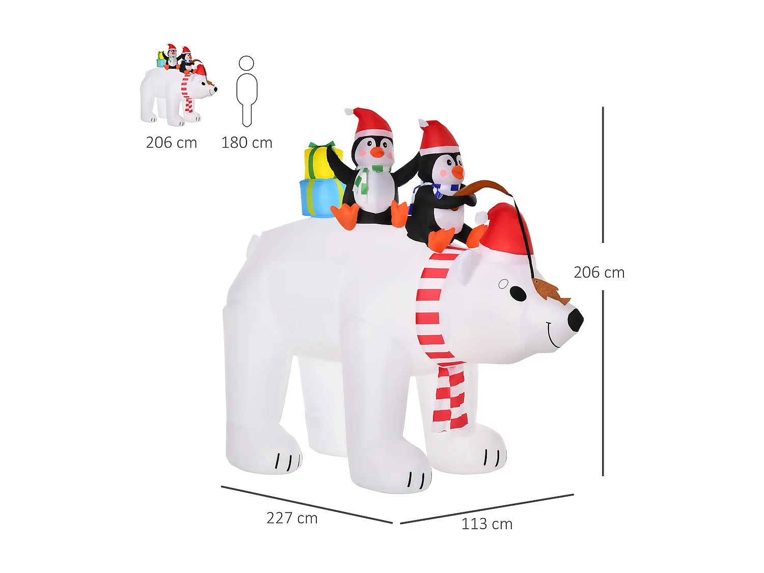 Ours polaire gonflable de Noël décoration gonflable LED de Noël 2,06H m lumières LED 2 pingouins blanc