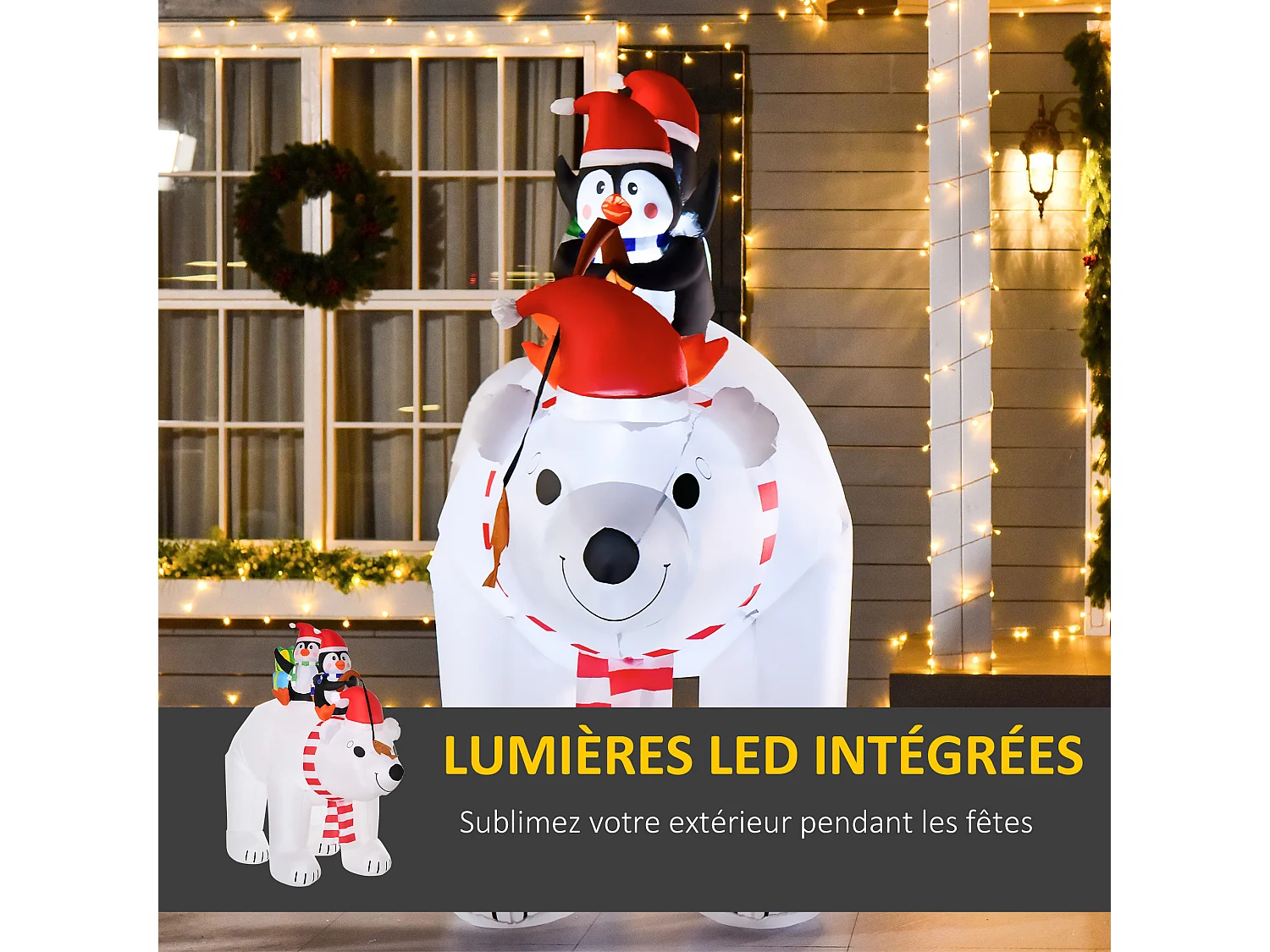 Ours polaire gonflable de Noël décoration gonflable LED de Noël 2,06H m lumières LED 2 pingouins blanc