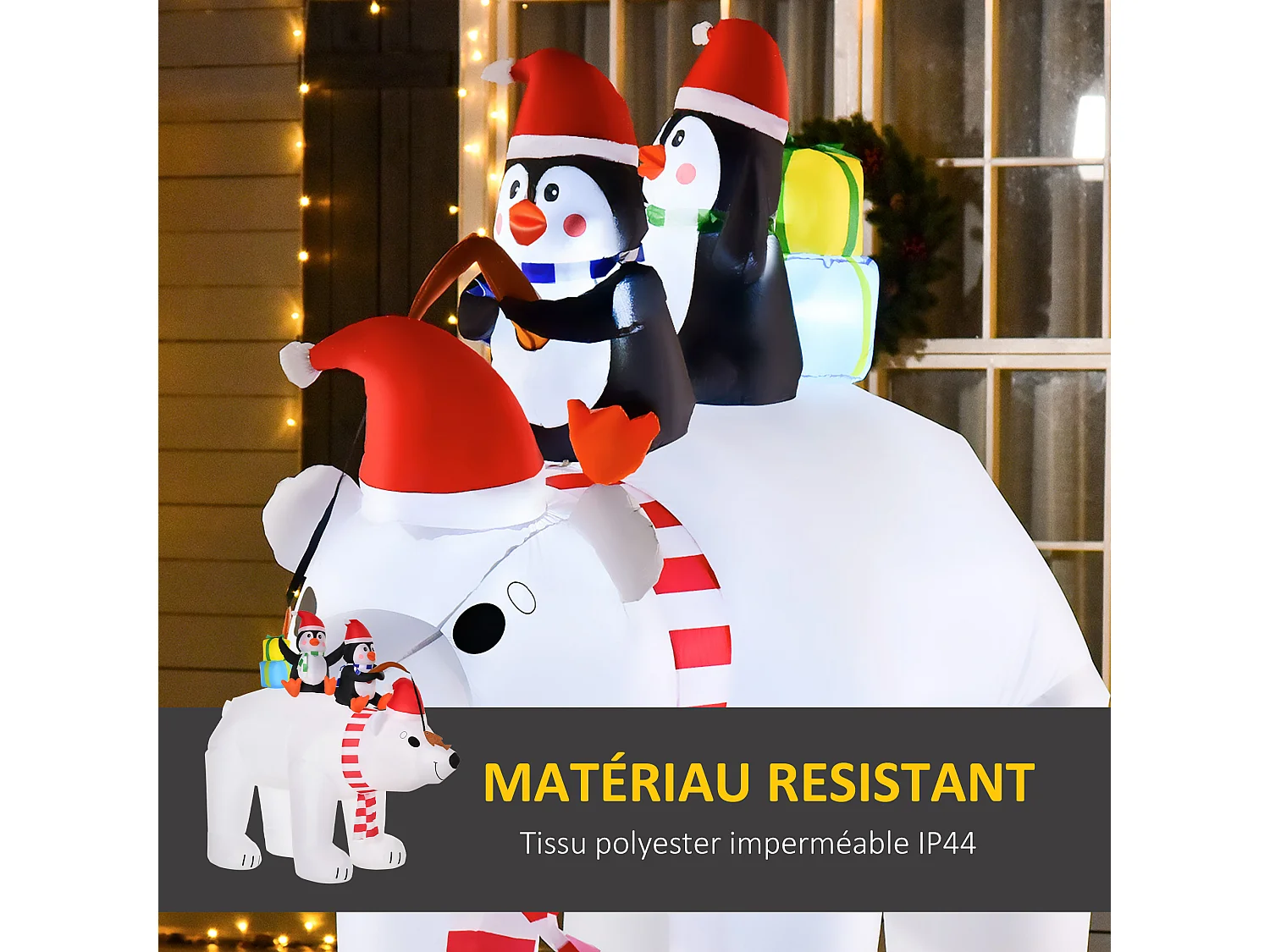 Ours polaire gonflable de Noël décoration gonflable LED de Noël 2,06H m lumières LED 2 pingouins blanc