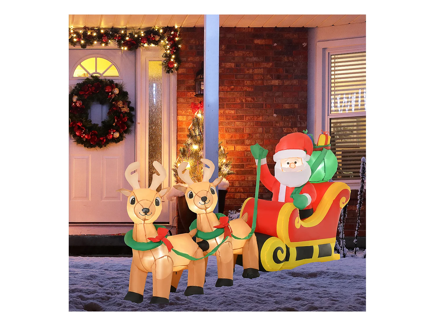 Père Noël gonflable LED dim. 240L x 57l x 112H cm avec traîneau, rennes, hotte 6 LED polyester imperméable