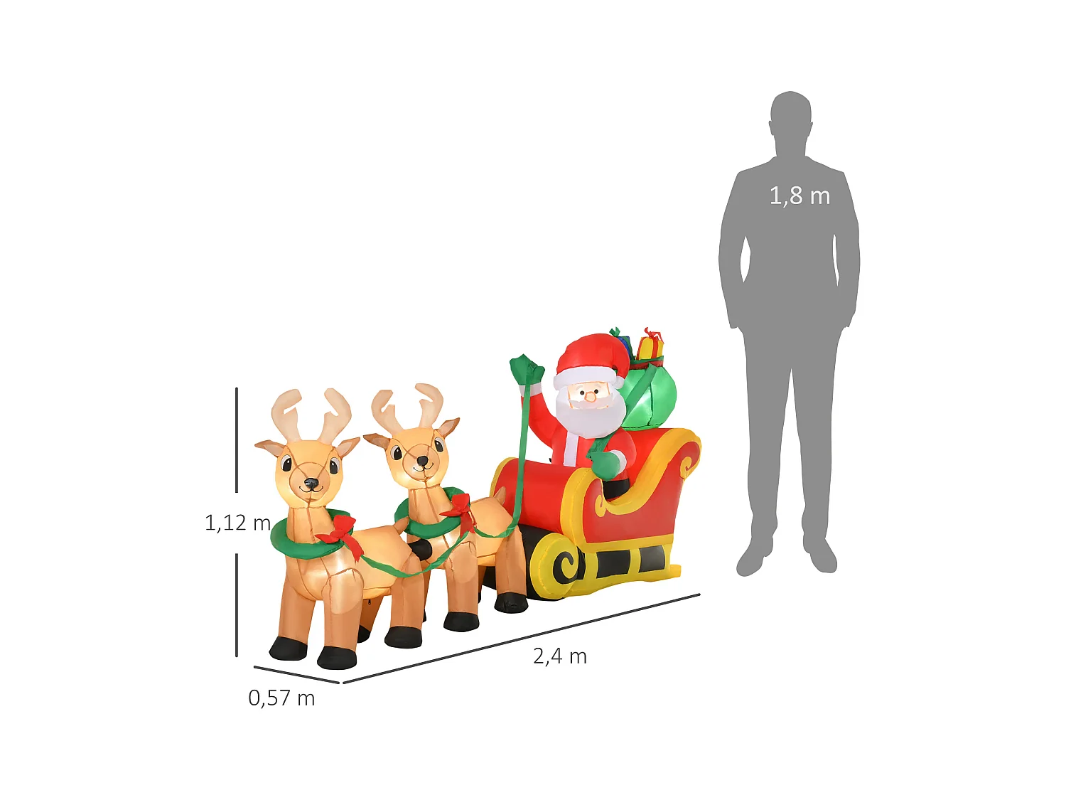 Père Noël gonflable LED dim. 240L x 57l x 112H cm avec traîneau, rennes, hotte 6 LED polyester imperméable