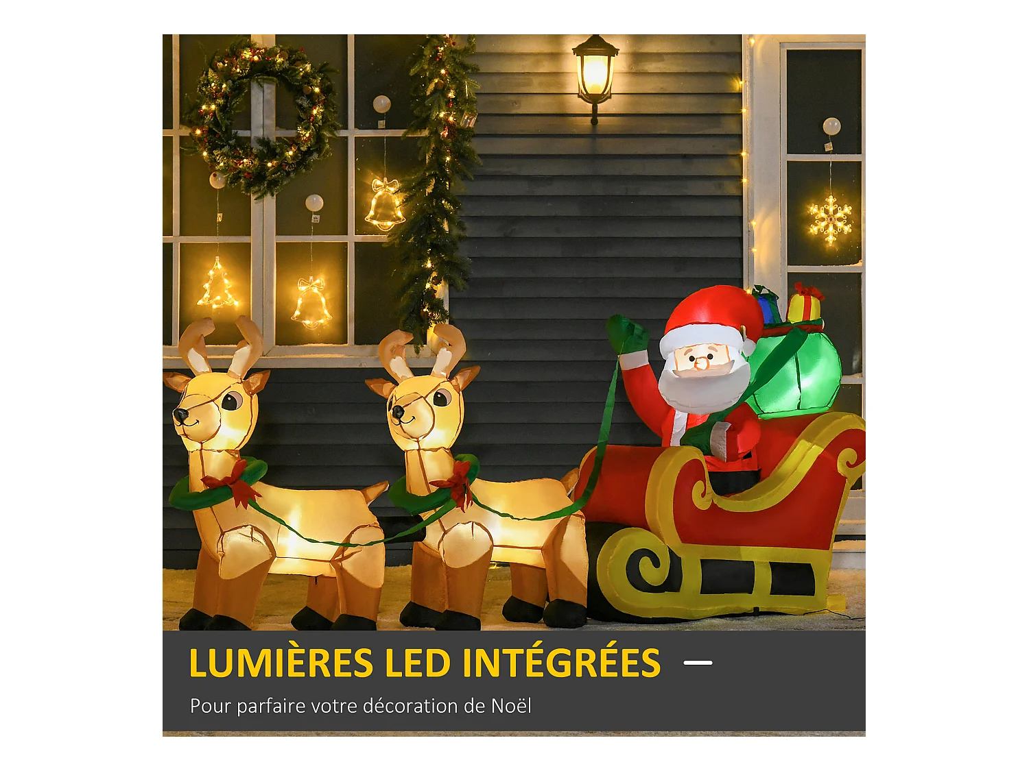 Père Noël gonflable LED dim. 240L x 57l x 112H cm avec traîneau, rennes, hotte 6 LED polyester imperméable