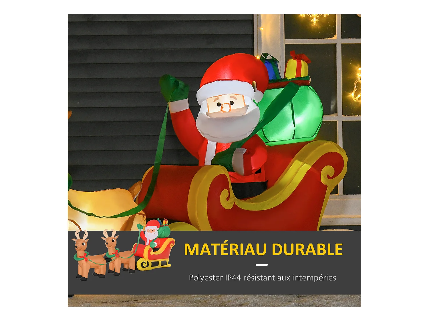 Père Noël gonflable LED dim. 240L x 57l x 112H cm avec traîneau, rennes, hotte 6 LED polyester imperméable