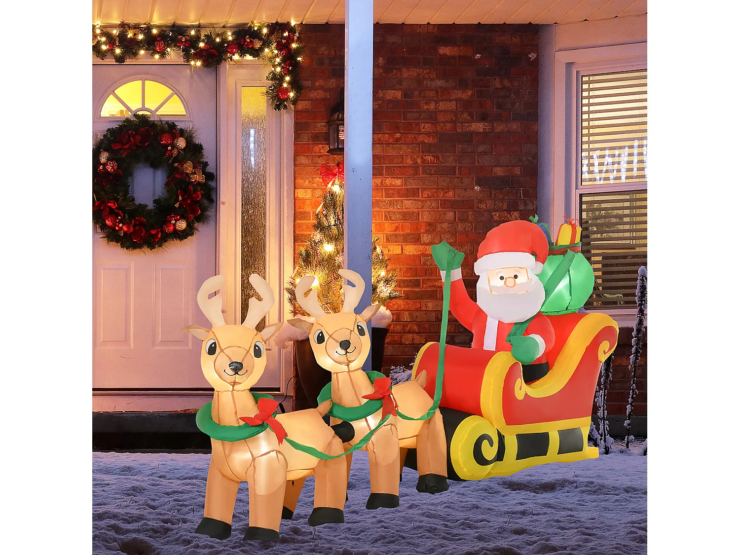 Père Noël gonflable LED dim. 240L x 57l x 112H cm avec traîneau, rennes, hotte 6 LED polyester imperméable