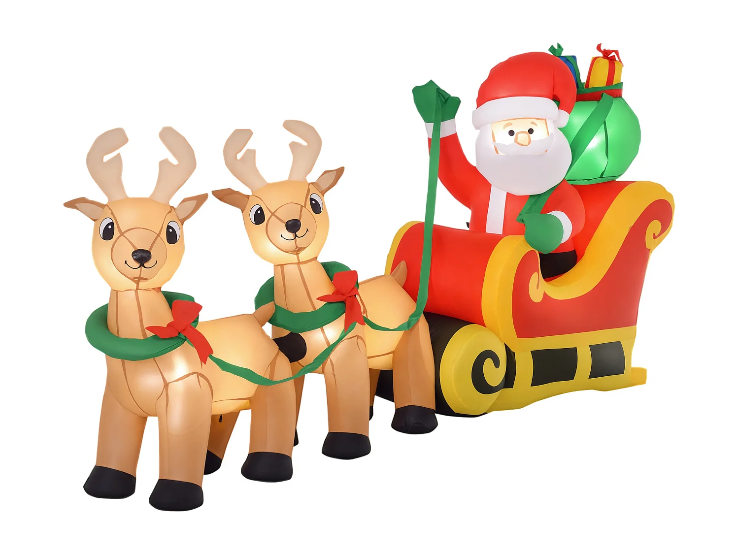 Père Noël gonflable LED dim. 240L x 57l x 112H cm avec traîneau, rennes, hotte 6 LED polyester imperméable
