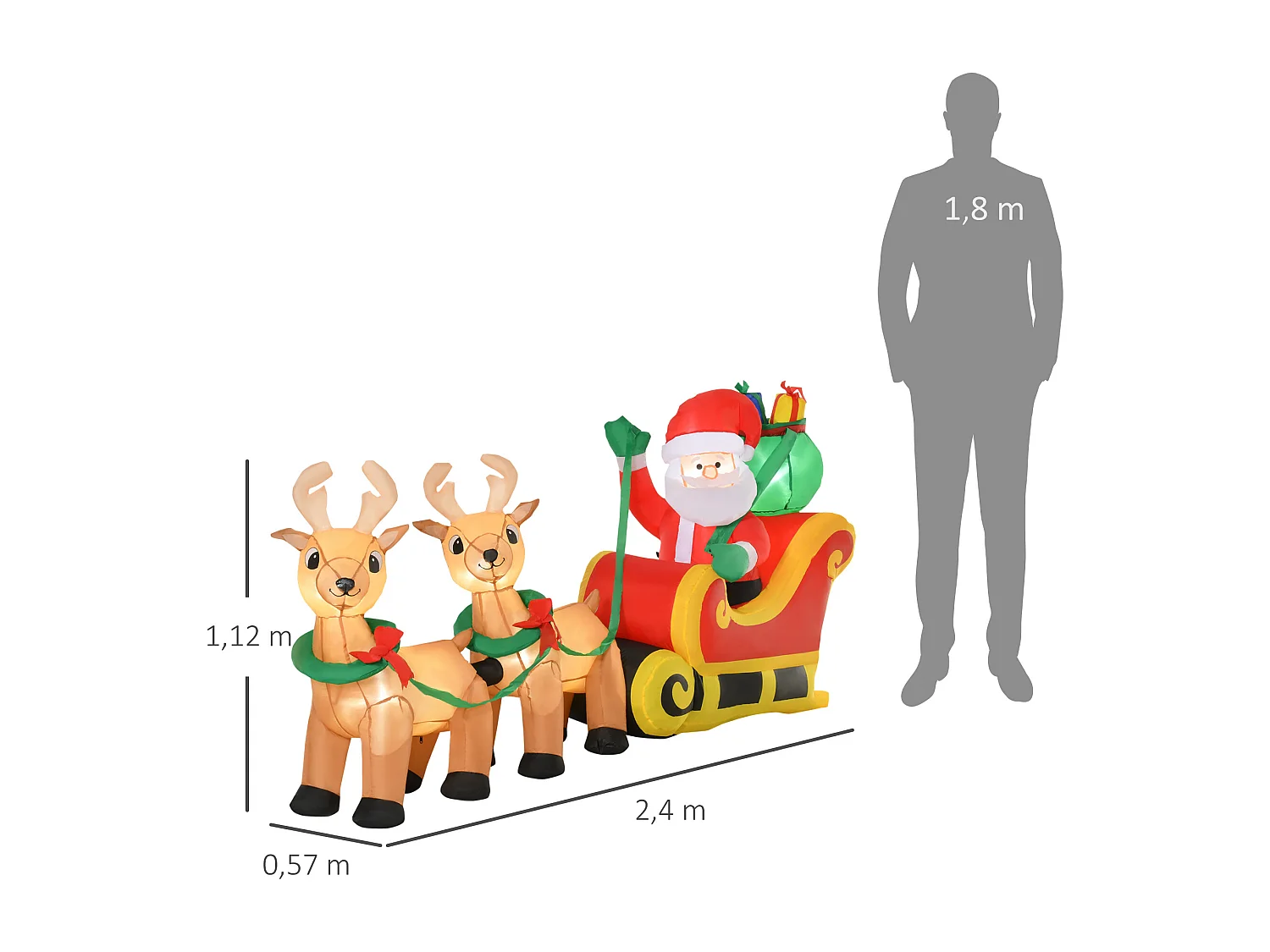 Père Noël gonflable LED dim. 240L x 57l x 112H cm avec traîneau, rennes, hotte 6 LED polyester imperméable
