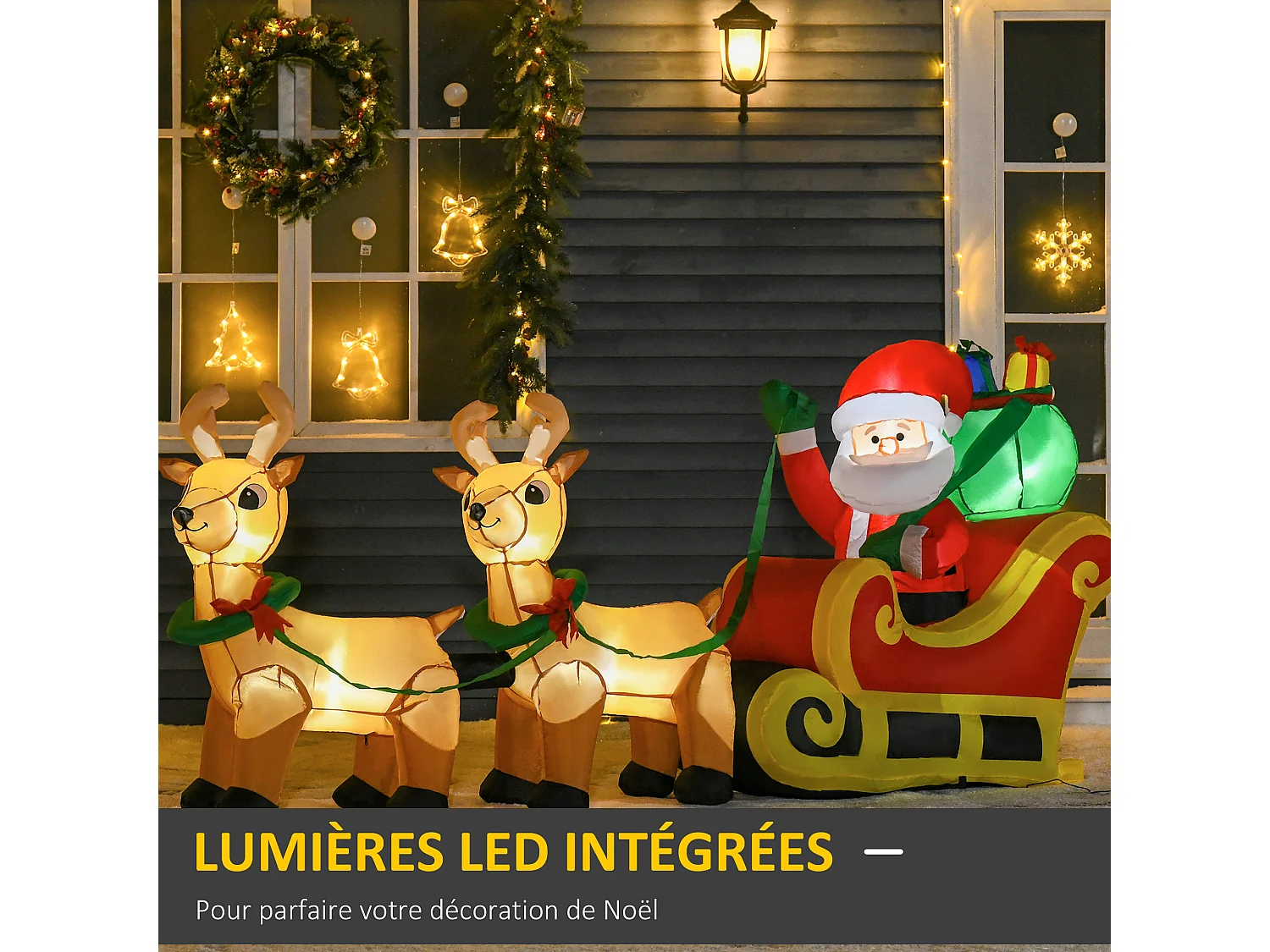 Père Noël gonflable LED dim. 240L x 57l x 112H cm avec traîneau, rennes, hotte 6 LED polyester imperméable